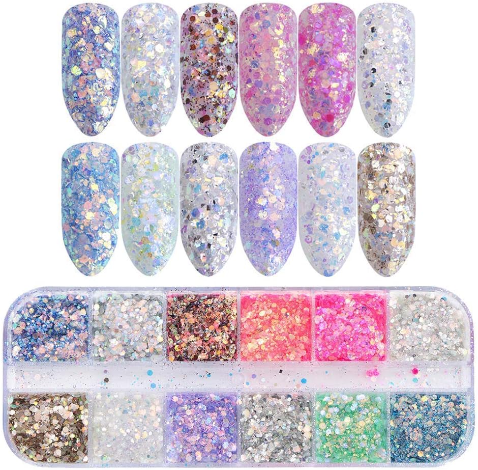 12 Color Nail Glitter Set - FOXTSPORT Mixed Iridescent Hexagon Nail Sequins Set Mermaid Holographic Effect for Festival Makeup Body Painting Nail Art Slime & Crafts