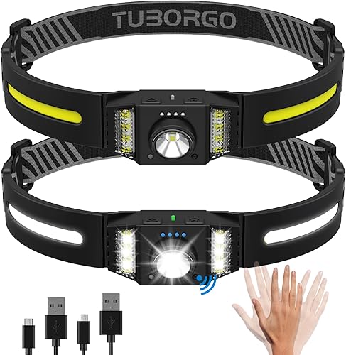 Linterna frontal LED recargable, paquete de 2 lámparas brillantes con sensor de movimiento, linterna de fuente de luz blanca y roja, faros