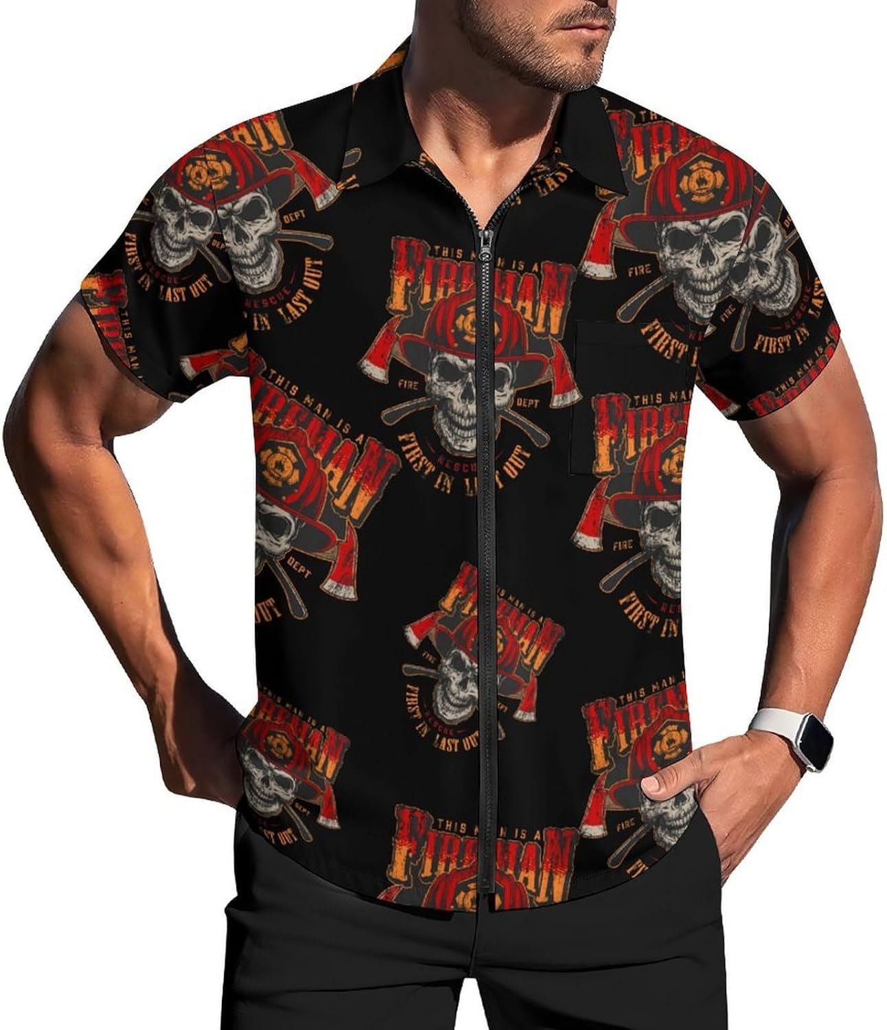 Vintage Firefighter Skull Men's Short Sleeve Shirt Zip-Up Golf Polo Shirts with Pocket