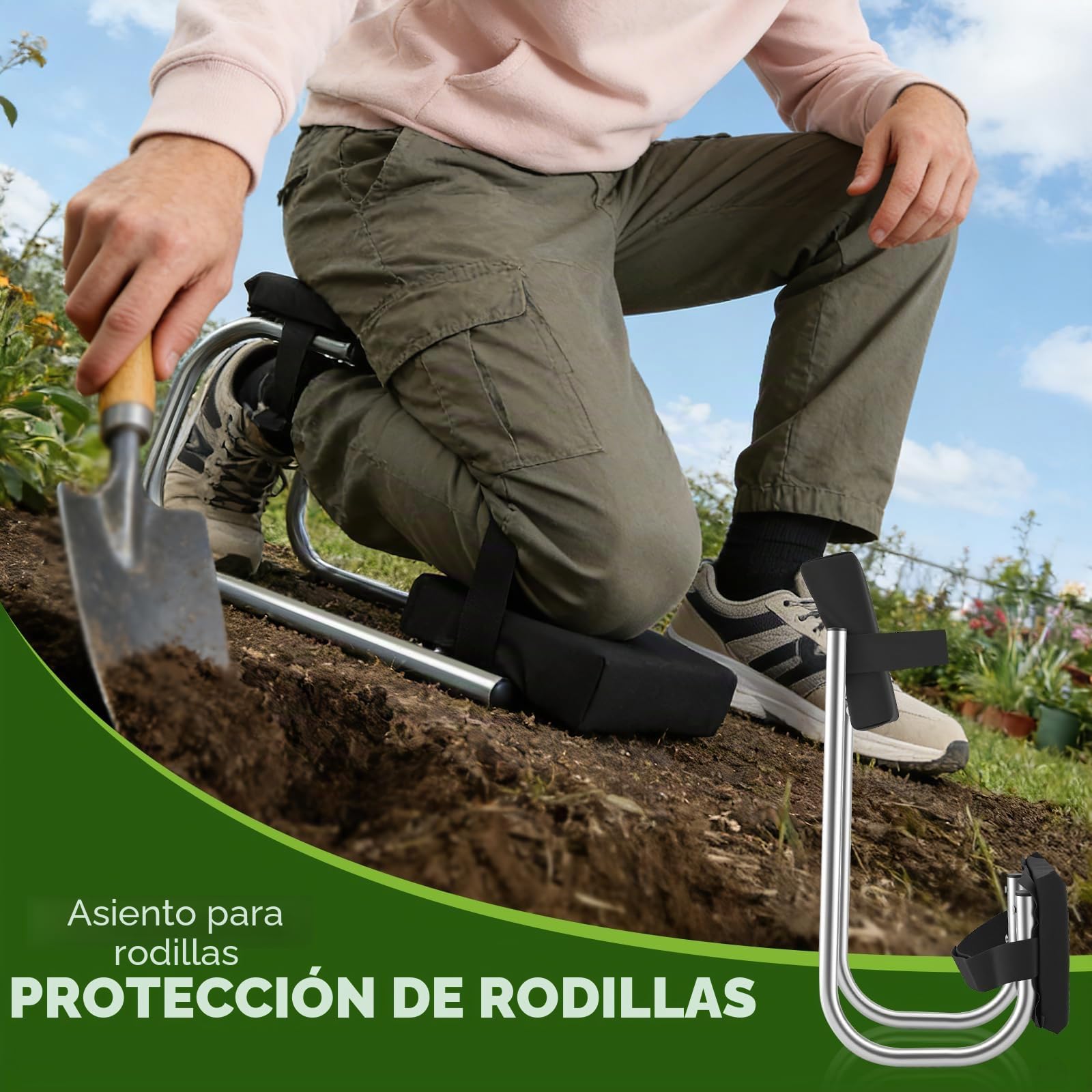 Banco de rodillas alu estable con rodilleras & asiento para jardinería – Asiento ergonómico para suelo y mantenimiento, para altura ca. 160–195 cm, ideal jardín, construcción, bricolaje.