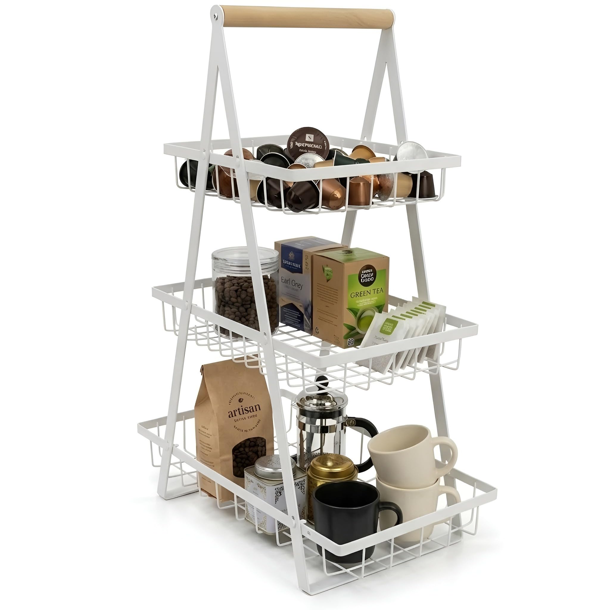 Portafrutta a 3 Ripiani – Contenitore per Frutta e Verdura per Piano di Lavorazione Cucina, Cestino per Frutta e Verdura a 3 Livelli, Contenitore Multipiano per Verdura, Cucina in Metallo