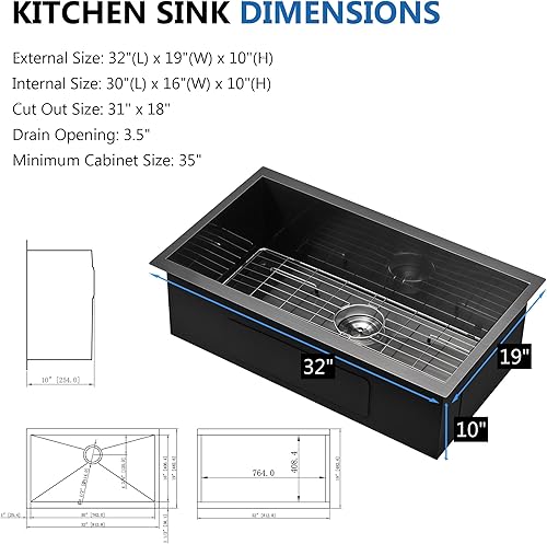Miniatura 3 de Scamall SM020-6SBG - Fregadero de cocina negro de 32 pulgadas de montaje inferior, de 32 x 19 x 10 pulgadas, calibre 16, color negro plomizo y acero