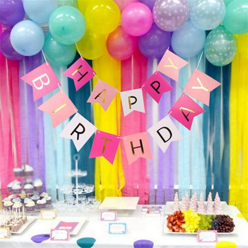 Happy Birthday Wimpelkette – Banner In Rosa, Blau, Grün, Lila Mit Gold-Buchstaben & Ballons