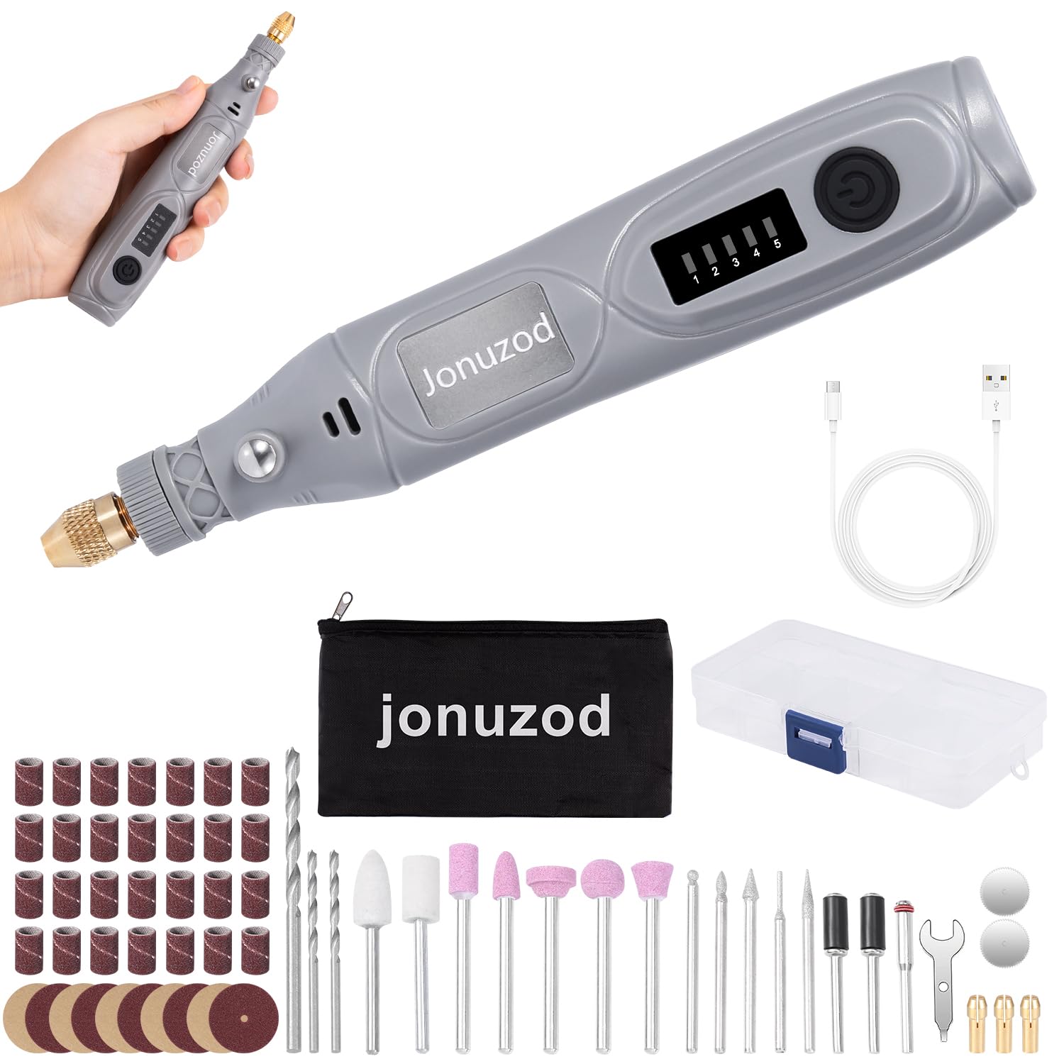 jonuzod Mini Cordless Rotary Tool, 5-Speed and USB Charging Rotary Tool Kit with 63 Accessories, Multi-Purpose 3.7V Power Rotary Tool for Sanding, Polishing, Drilling, Etching, Engraving, DIY Crafts