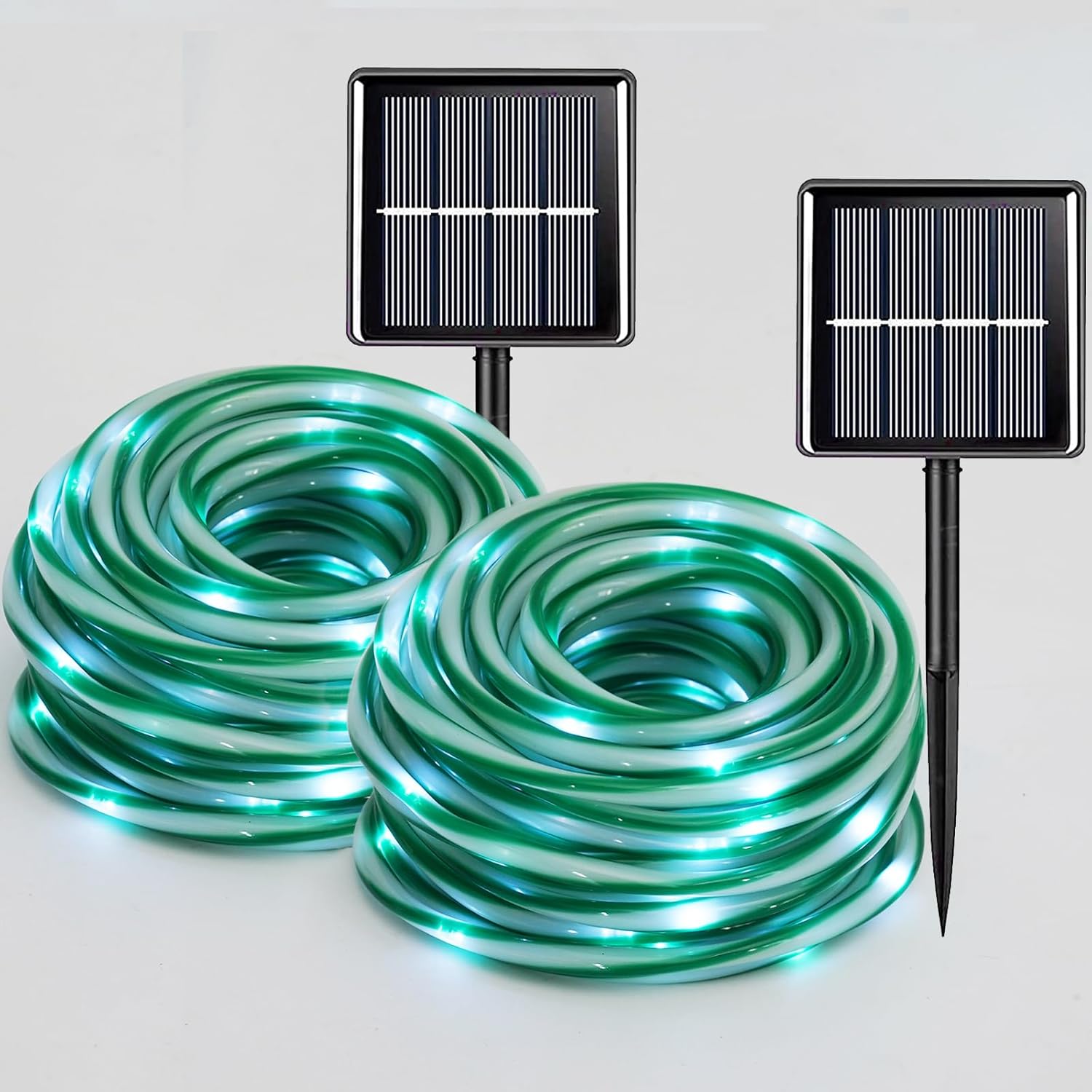 QITONG Photo voltaic Christmas Lights Out of doors, 2 Pack Every 33ft 100 LED Inexperienced and White Sweet Cane Rope Lights, Fairy Lights in Clear Skinny Tube with 8 Modes