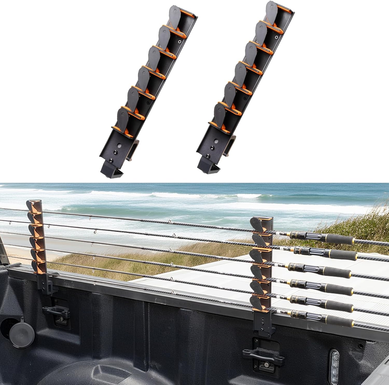 Aluminum Clamp on Fly Fishing Rod Holders for Truck Bed, Holds Fishing Rods and Reels for Pickup or Boat