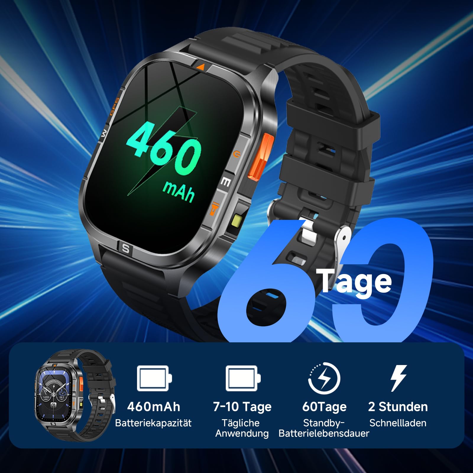 Smartwatch herren Militärische 2,01" HD, mit GPS/Bluetooth-Anruf/Kompass