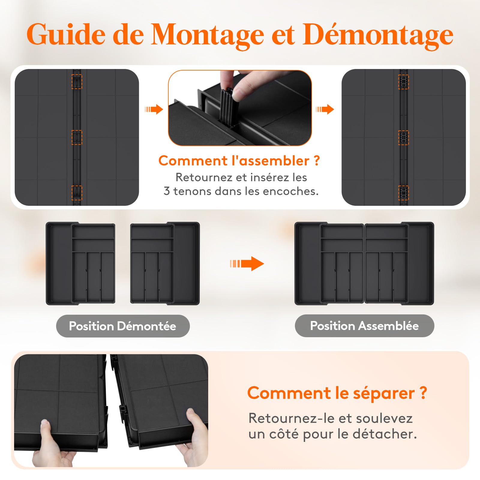 Lifewit Grand Range Couverts, Largeur de 46 à 70 cm, Organisateur Couverts Réglable pour Tiroirs, Profondeur 42,4 cm, Rrangement de Cuisine Amovible, Porte Ustensiles pour Fourchettes/Couteaux, Noir