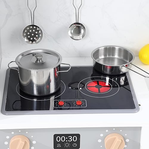 Miniatura 4 de Garvee Juego de cocina de madera, cocina de juego de simulación con accesorios de utensilios de cocina, microondas, horno, fregadero, luces reales y
