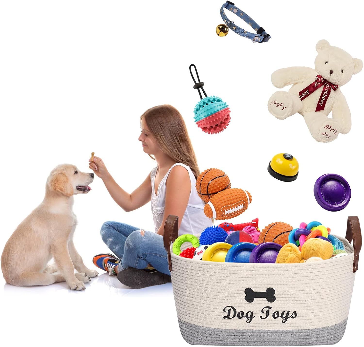 Large cotton dog toy basket storage, 16.5"x10.6"x 7.5" puppy toy basket,puppy bins,laundry basket storage bin-Perfect for organizing pet toys,blankets,leashes,pee mats and diapers