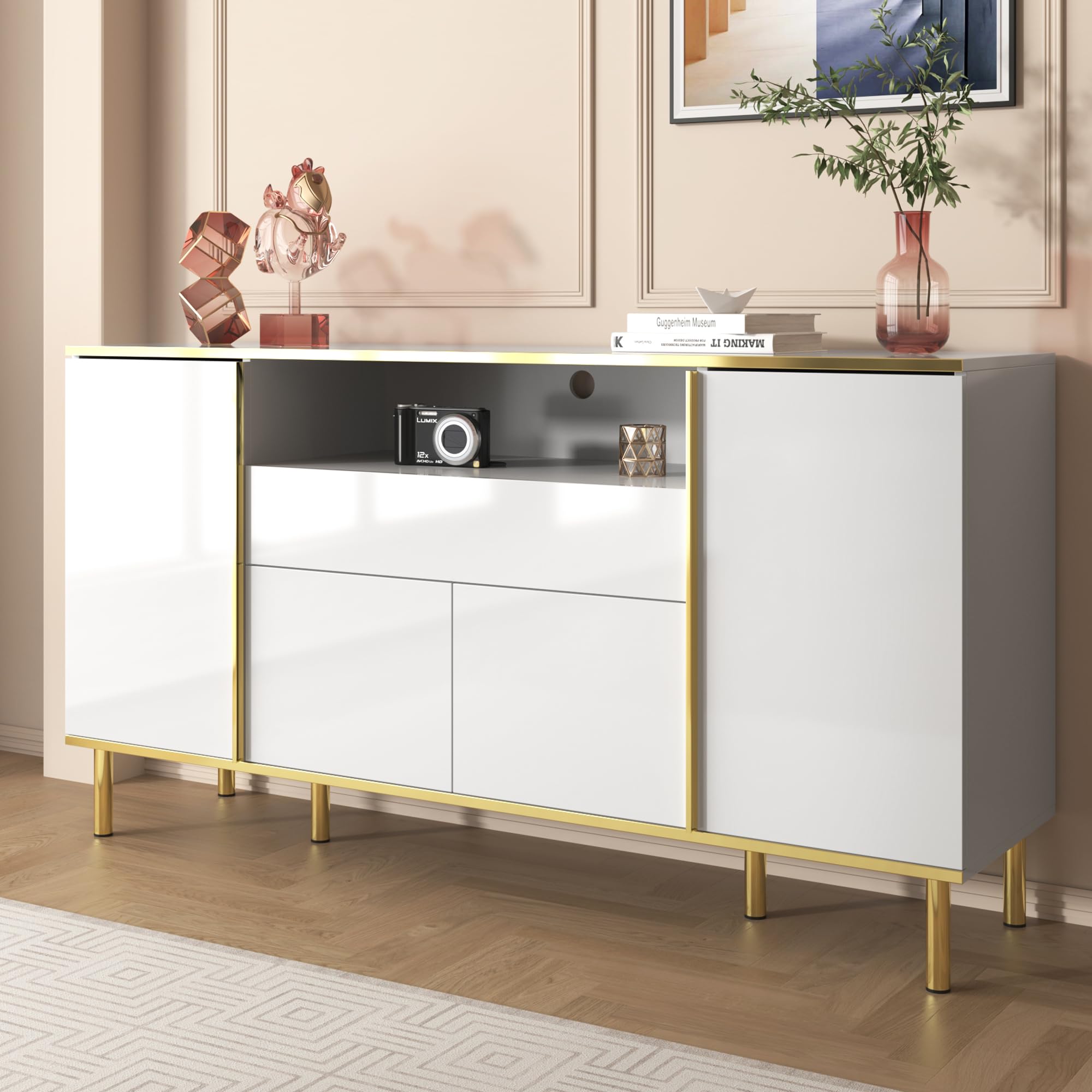 Azkoeesy Credenza 150 cm con LED per soggiorno, Bianco lucido con oro, 4 ante e 1 cassetto, apertura a pressione, mobile TV, cassettiera, per sala da pranzo e cucina