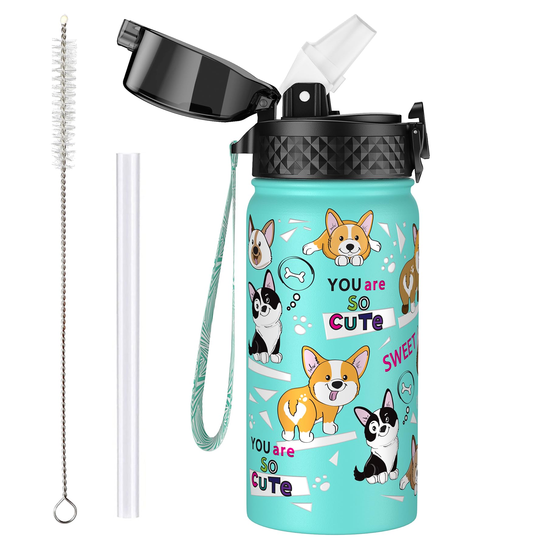 OLDLEY 420ml/14oz Kids Stainless Steel Water Bottle with Straw for School Insulated Metal Water Bottles Leakproof Reusable Double Wall Vacuum Small Flask Keep Drinks Hot Cold for Boys Girls (Dog)