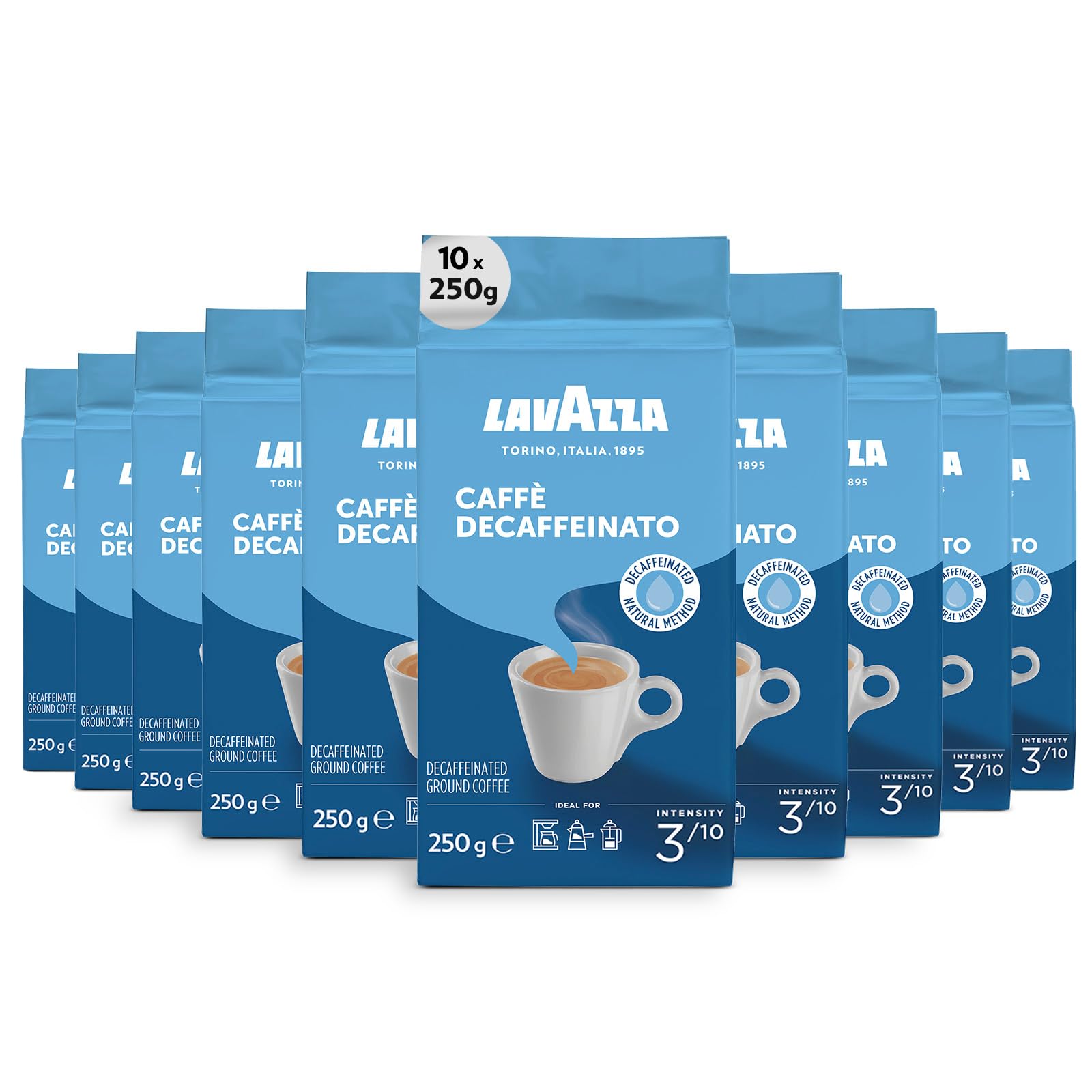 Lavazza, Caffè Decaffeinato, Café Molido Natural Descafeinado,10 x 250g, para Cafetera Italiana, de Filtro y Francesa, con Notas de Frutos Secos, Arábica y Robusta, Intensidad 3, Tueste Medio
