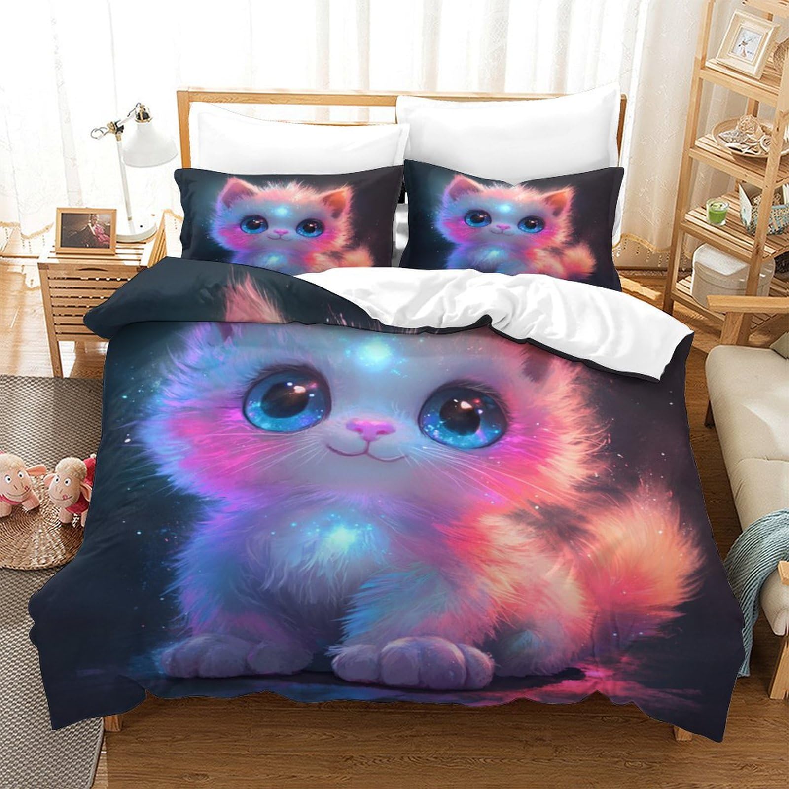 VesFy Cute Cat for Teens And Adults 3D Print Animal Comforter Covers Quilt Cover Duvet Cover with Zipper Closure Soft Microfiber Bedding Set with Pillow Cases 3 Pieces Single（140x200cm）