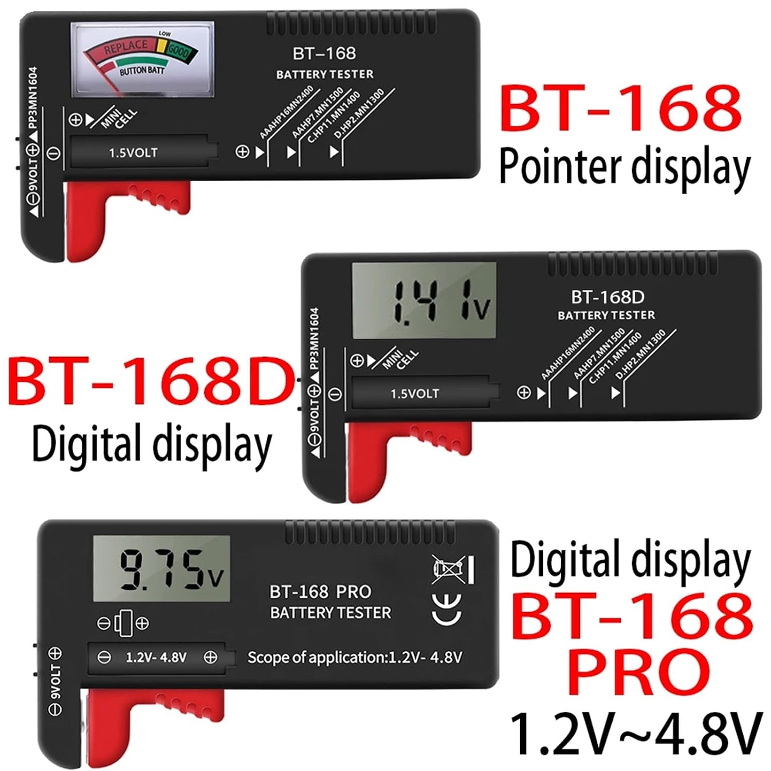 BT-168 AA/AAA/C/D/9V/1.5V Batteries Universal Button Cell Battery Colour Coded Meter Indicate Volt Tester BT168 Power 1Pcs(BT-168PRO)