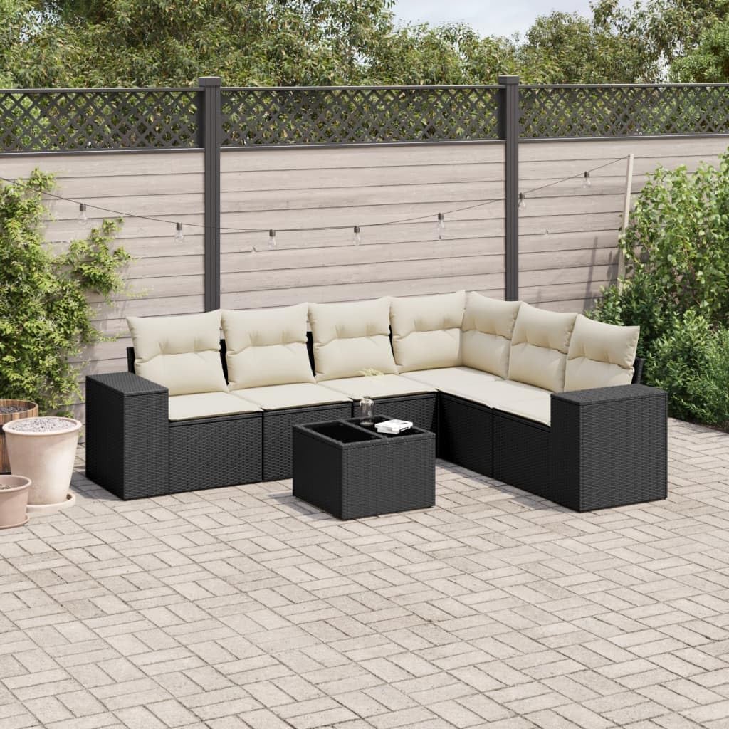 7 Piece Garden Sofa Set Black and Cream White PE Rattan with Tempered Glass, Modular Outdoor Furniture Set for Patio, Weather-Resistant Lounge
