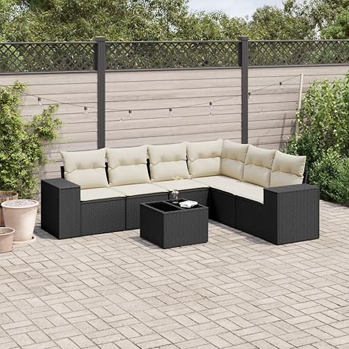 Miniatura 1 de 7 Piece Garden Sofa Set Black and Cream White PE Rattan with Tempered Glass, Modular Outdoor Furniture Set for Patio, Weather-Resistant Lounge