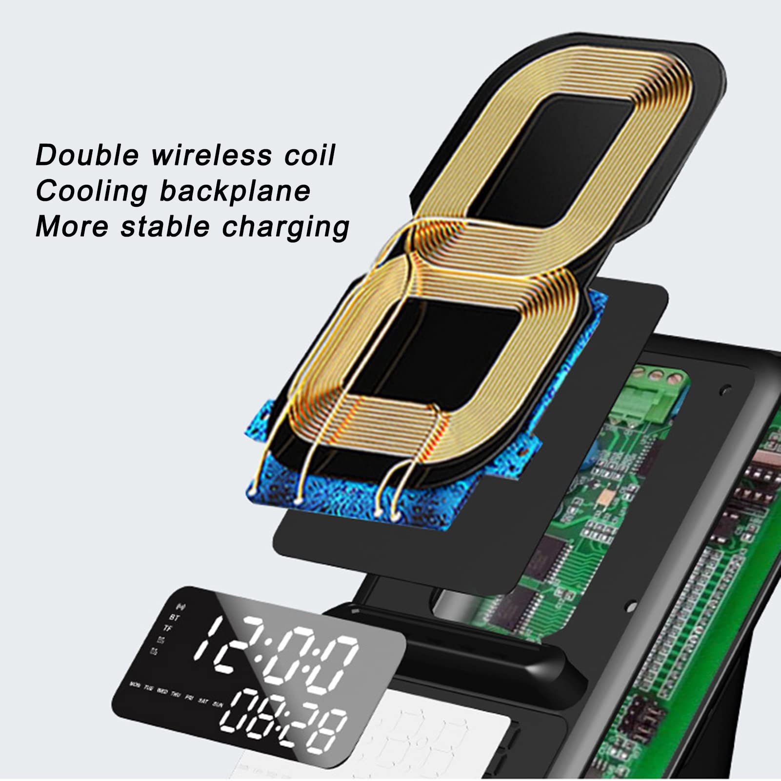 Maquer Réveil de Chevet, Chargeurs sans Fil à Charge Rapide, Station de Recharge de Téléphone avec Affichage Numérique, Haut-parleur Bluetooth avec Radio FM, Fonction Snooze, Appels Mains Libres