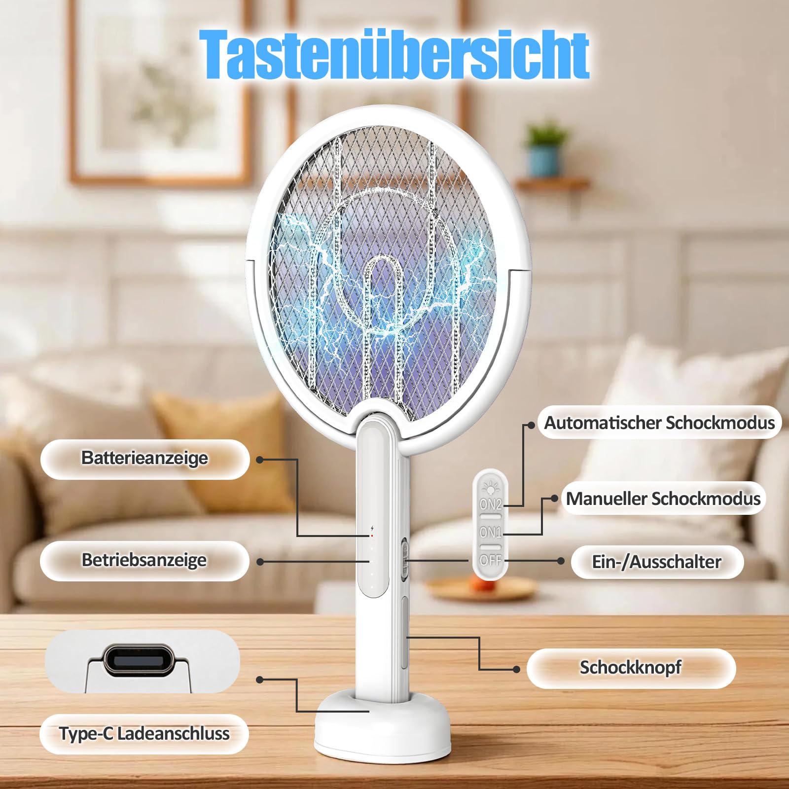 Elektrische Fliegenklatsche, 4000V Insektenvernichter mit Teleskopstange，1800mAh Akku, 2-in-1 USB-C Mückenfalle mit Rotierendem Kopf und Ladestation, für Innen und Außen