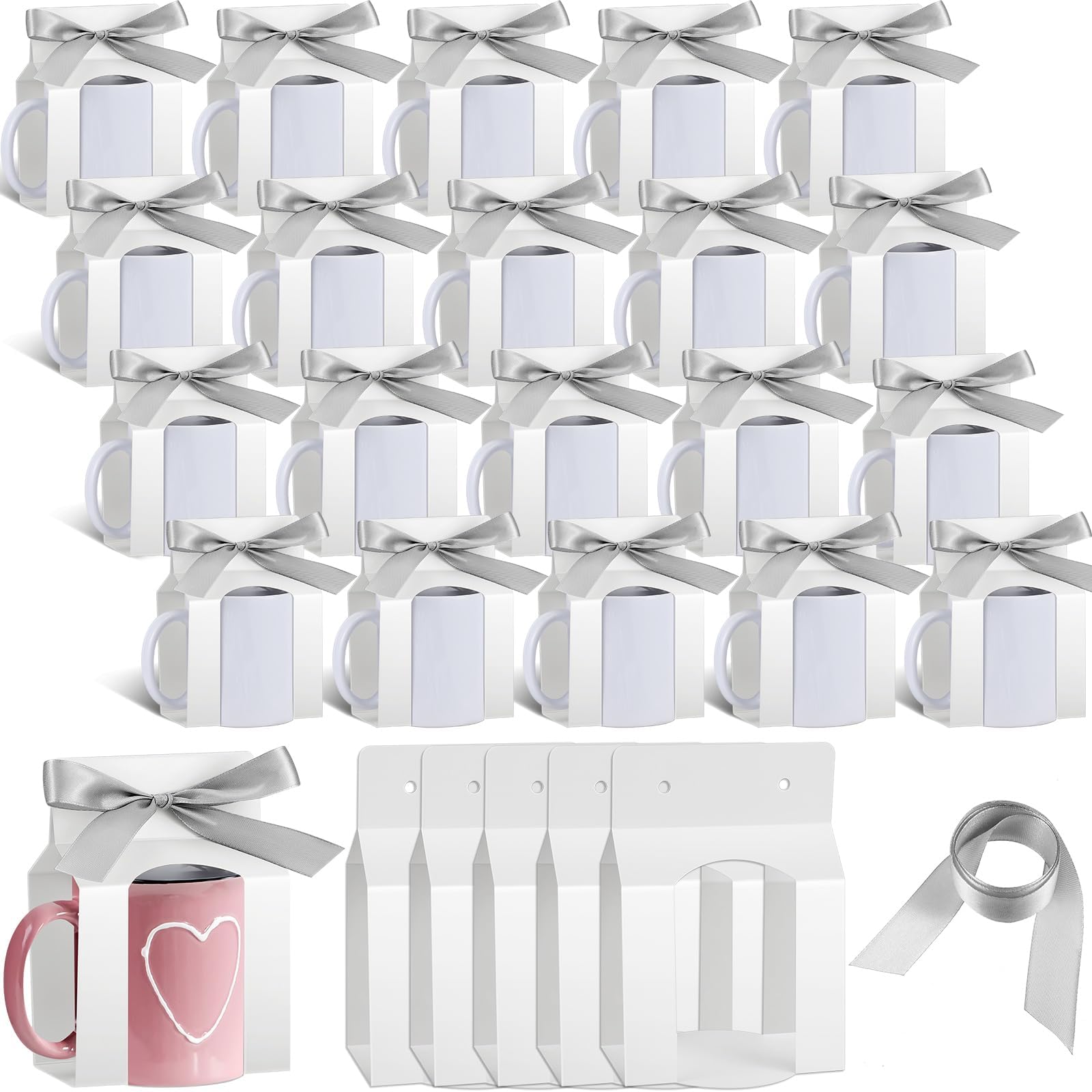 Kosiz 36 Pcs Mug Boxes Sublimation Coffee Mugs Gift Bags with Window Packaging Storage Box for Shipping Selling Chirstmas Gift Packaging Wrapping(for 11oz Mug,White, Silver)