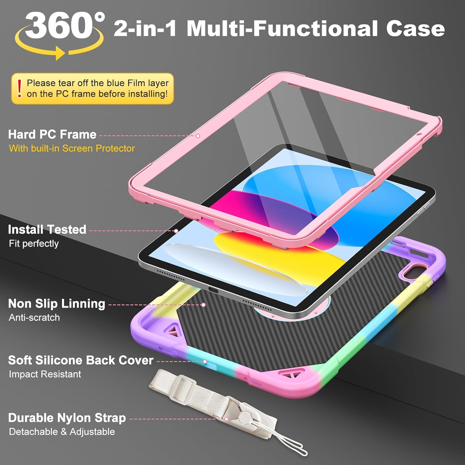 Hogenl for iPad A16 Case 11th Generation 11 inch 2025 /iPad 10th Generation Case 10.9 inch 2022, with 360° Rotating Stand & Screen Protector & Shoulder Strap/Pencil Holder Cover for Kids Girls