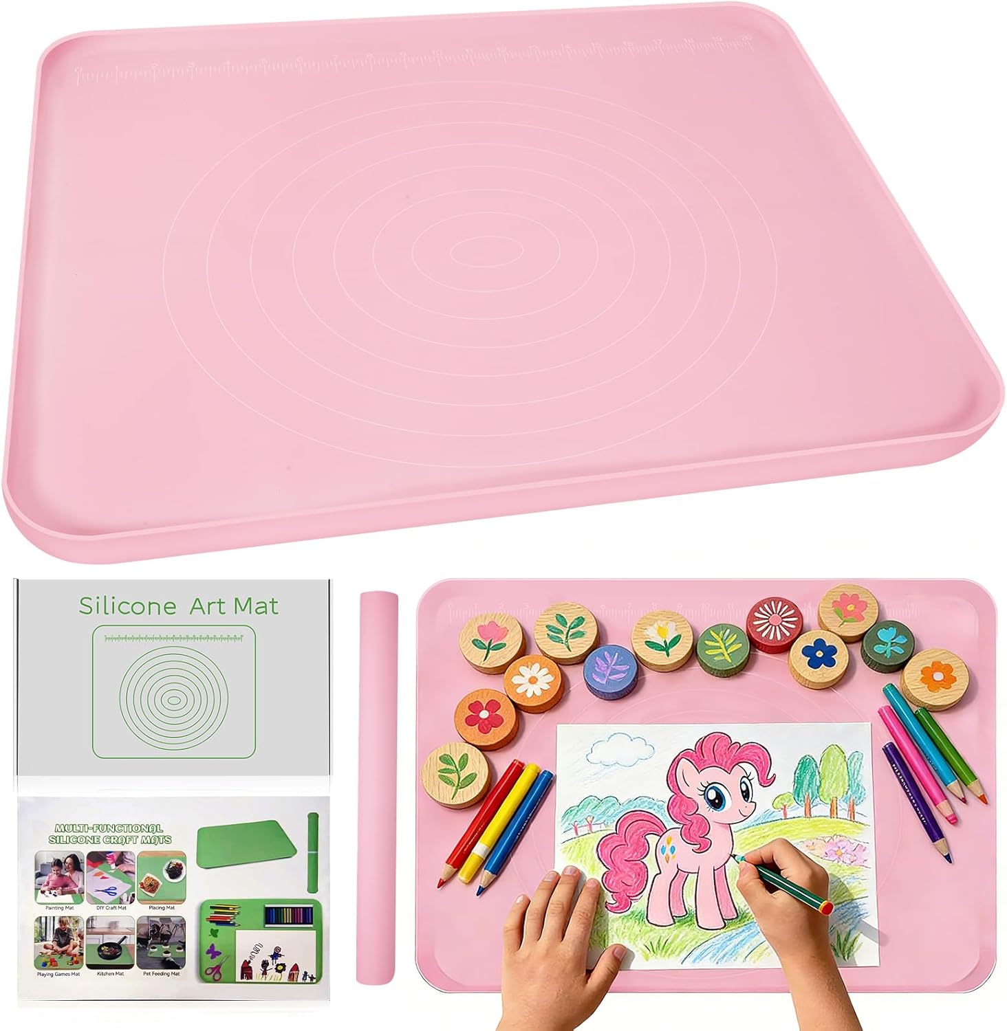 Large Silicone Mat for Crafts, 24"X19.7" Art Mat with Raised Edges for Clay, Resin, Slime, Jewelry-Making Table Protection Heat-Resistant Paint Mats, pink
