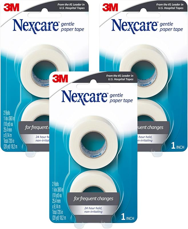Gentle Medical Paper Tape, Secures Dressings and Lifts Away Gently, 1 in x 10 Yds, 3-Pack (6 Rolls)