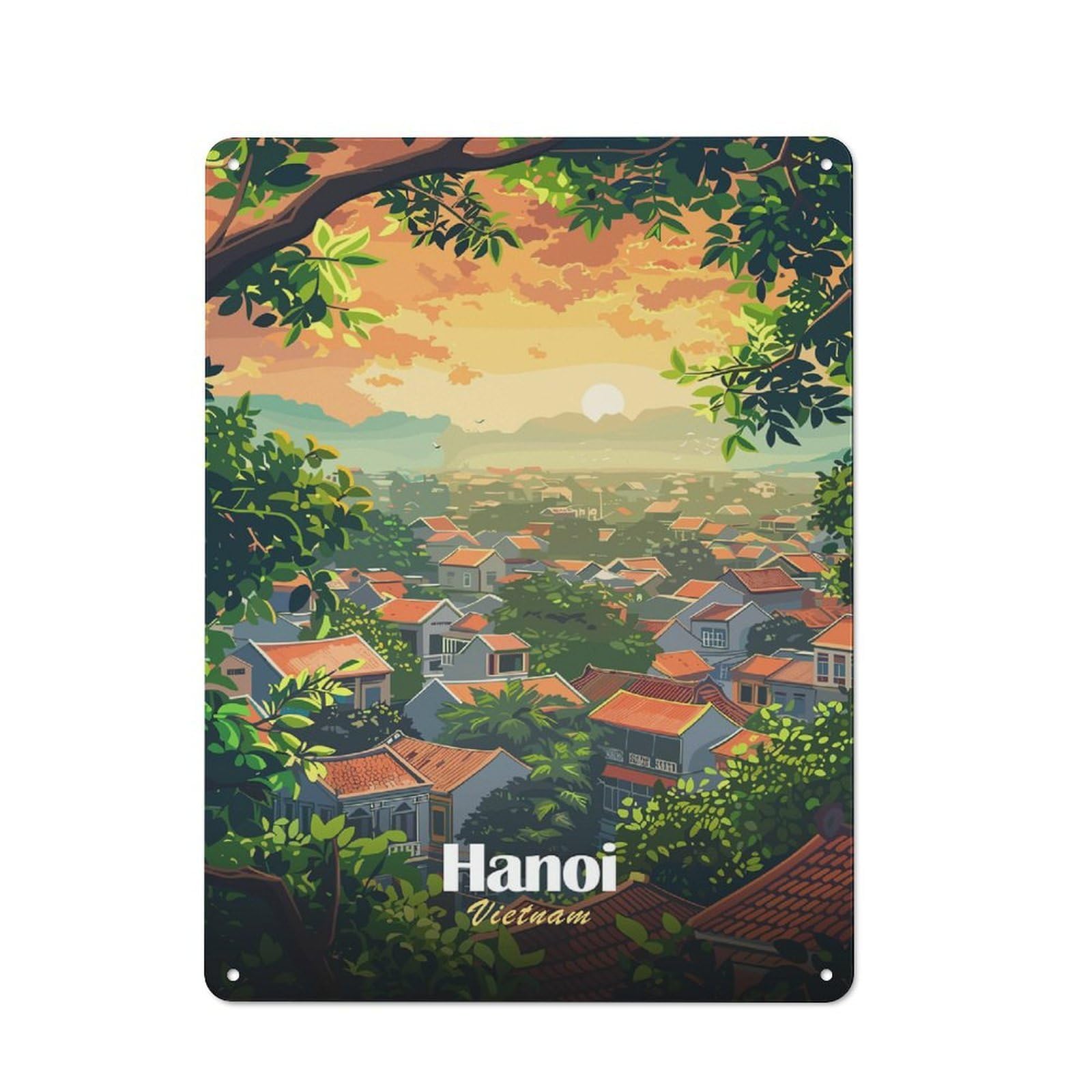 Junmoney Hanoi, Vietnam Cityscape Illustration Rustic Metal Plaque 40X30cm For Dining Room Or Kitchen, A Housewarming Gift For Dining Room Decor Fans