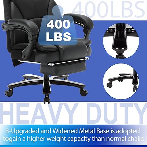 Miniatura 6 de Silla de oficina reclinable grande y alta con reposapiés y reposacabezas de 400 libras, sillas de oficina de piel sintética para personas pesadas,