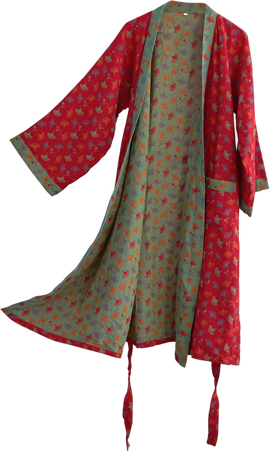 100% Cotton Gauze Ginkgo Leaf Kimono Robe, Long Knit Loose Bathrobe Nightgown Ladies Loungewear Sleepwear for Women