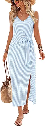 OFEFAN Summer Dresses for Women 2026 V Neck Sleeveless Casual Dress Elegant Work Long Midi Dresses for Women Tie Waist