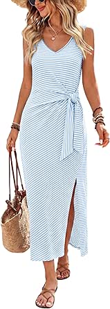 OFEEFAN Summer Dresses for Women 2026 V Neck Sleeveless Casual Dress Elegant Work Long Midi Dresses Tie Waist