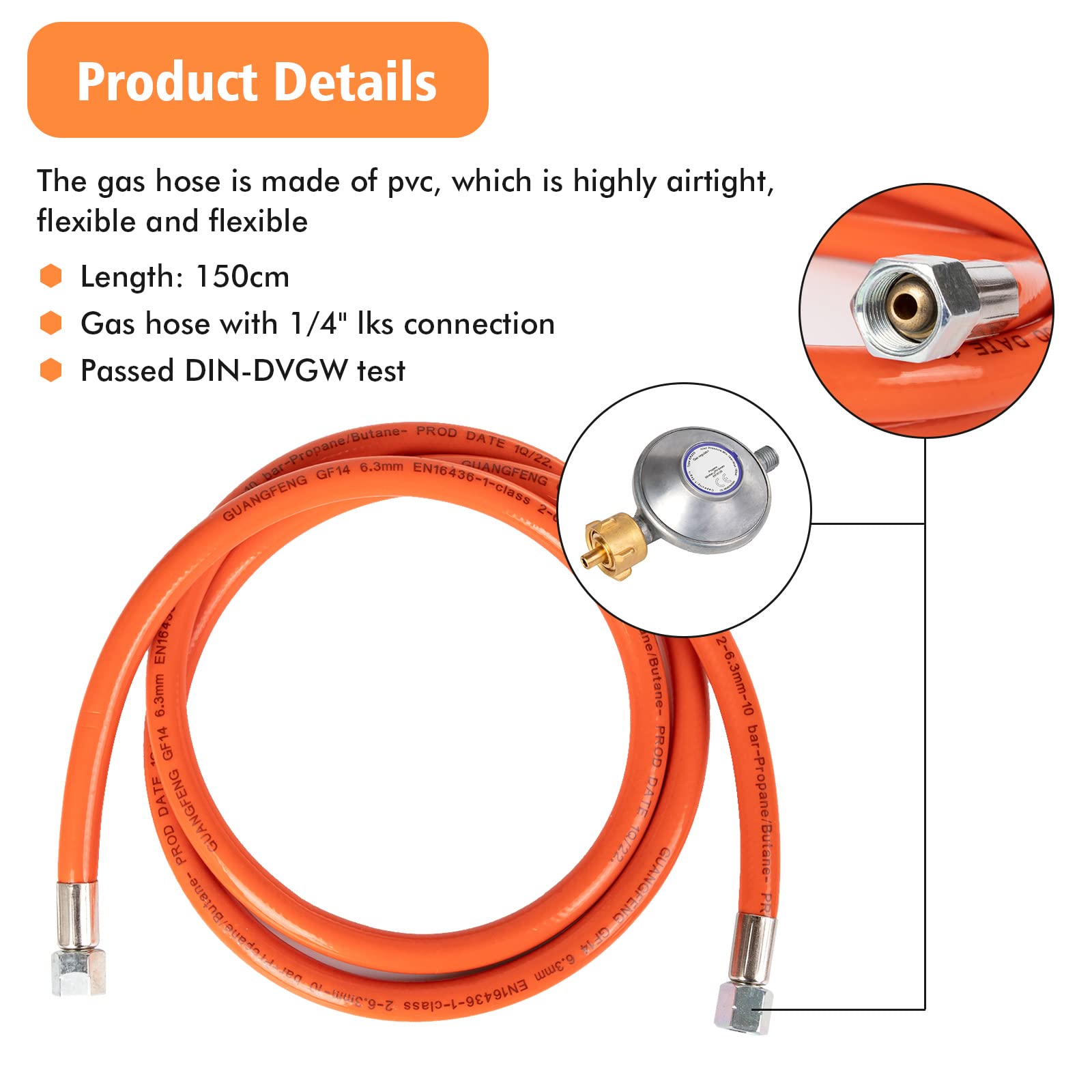 PHYLES Regolatore di pressione del gas 50mbar，Set con riduttore di pressione per gas e tubo per il gas, lunghezza 1,5 m