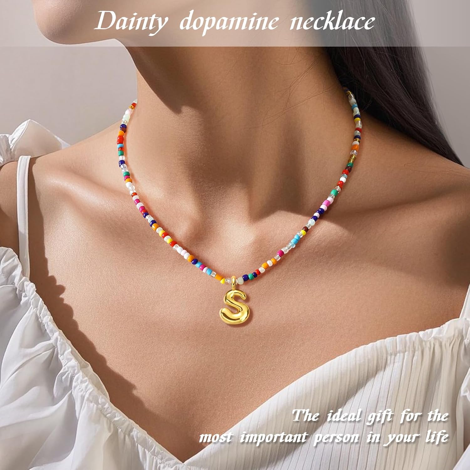 Soleebee Colorful Initial Necklace for Women Cute 14K Gold Plated Bubble Letter Necklace Handmade Beaded Beach Boho Choker Necklace Trendy Jewelry - Image 3