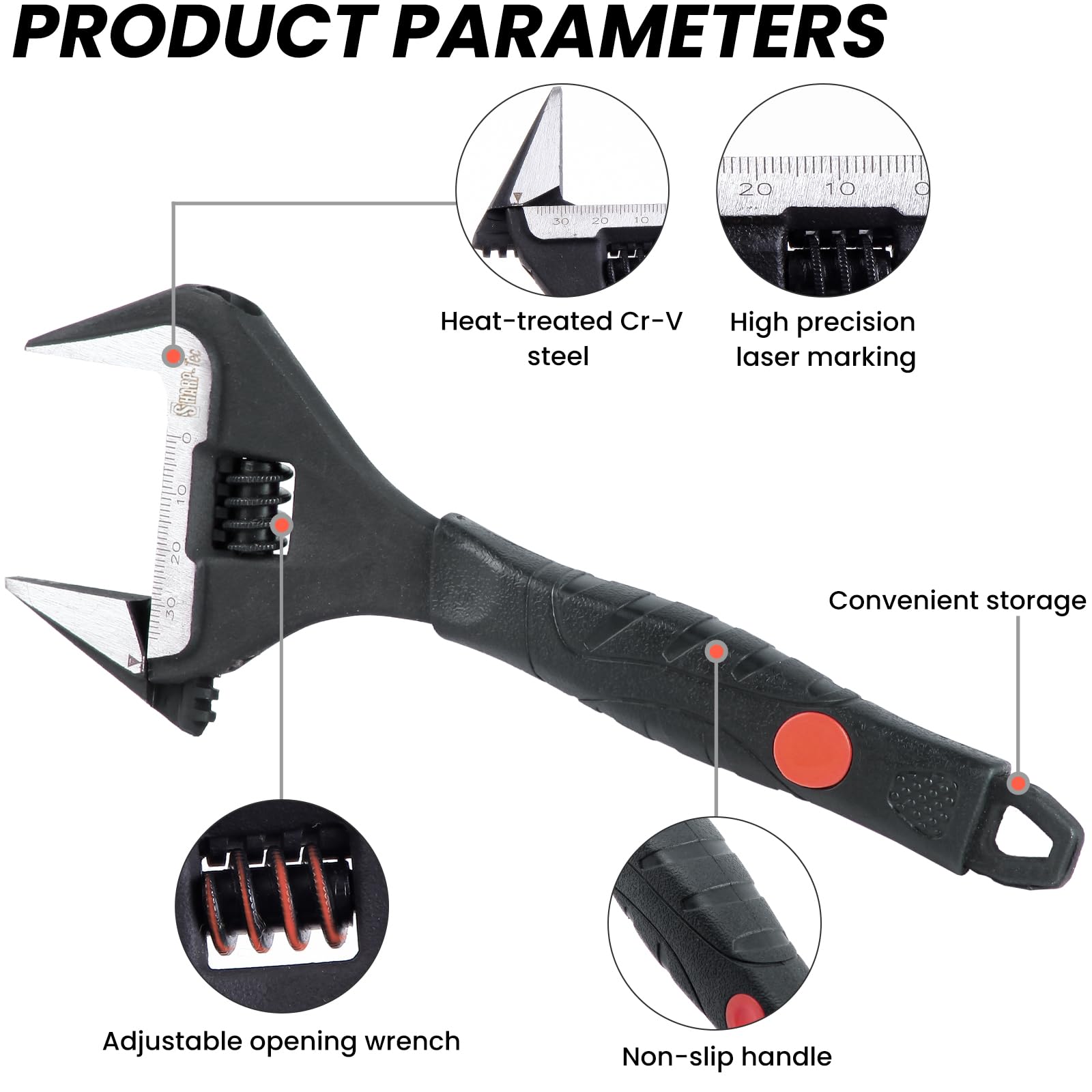 Sharp-tec 8-Inch Adjustable Spanner Wrench (200mm), 36mm Wide Jaw Large Opening, Chrome Vanadium Steel, Black Oxide Finish - Image 4