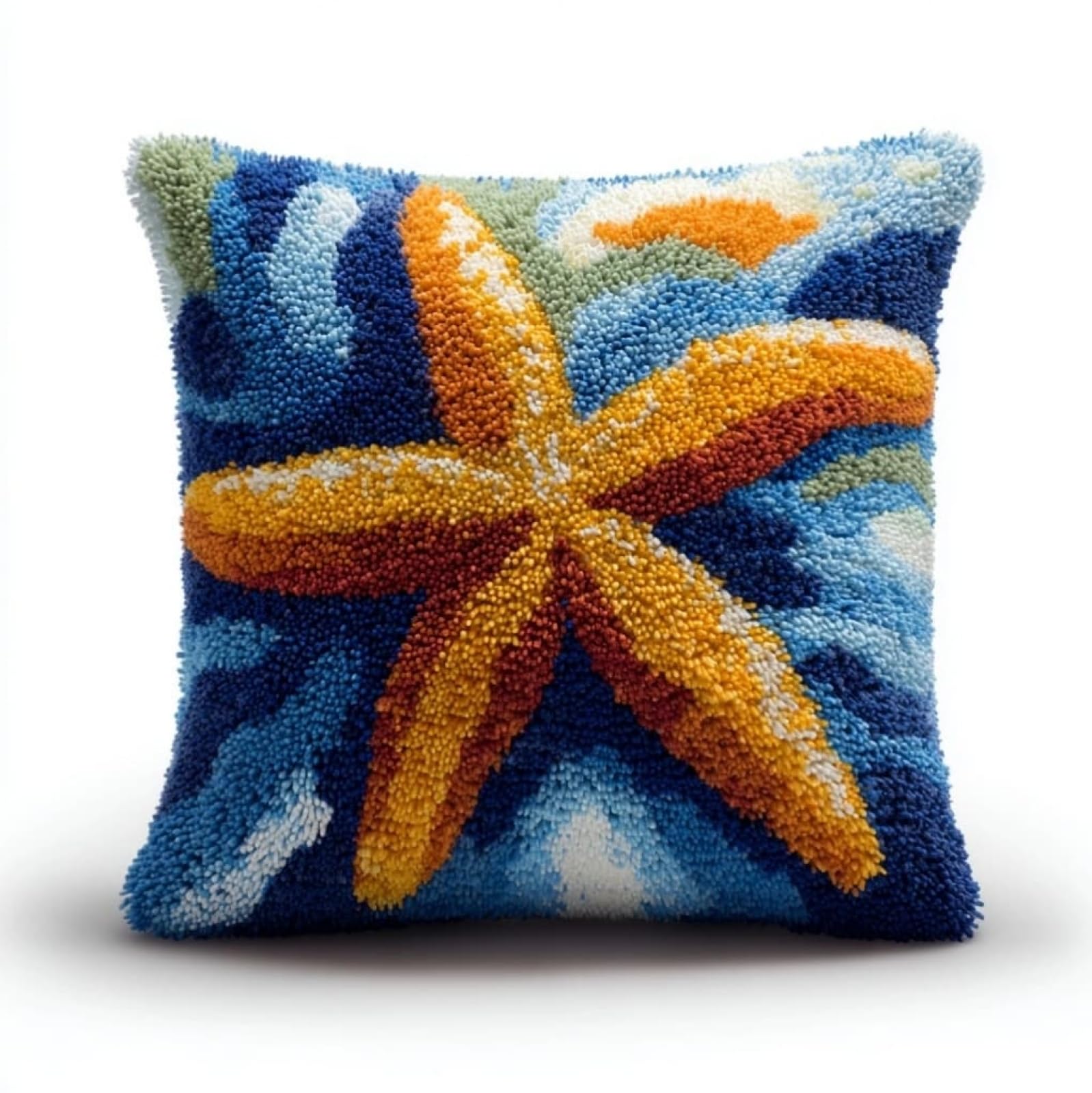AxiangziK Pre-Printed Latch Hook Pillow Kit for Adults,Starfish Beginners DIY Crochet Pillow Kit 17X17Inch Needlework Cushion Cover for Home Sofa Decoration