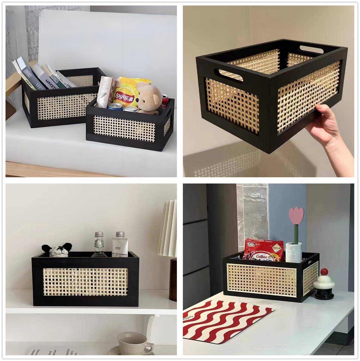 Cesta rectangular de almacenamiento, almacenamiento de tejido de madera cestas tejidas con mango | Cesta de almacenamiento de tejido con asa, organizador de escritorio, para casa, oficina, armario, estantería