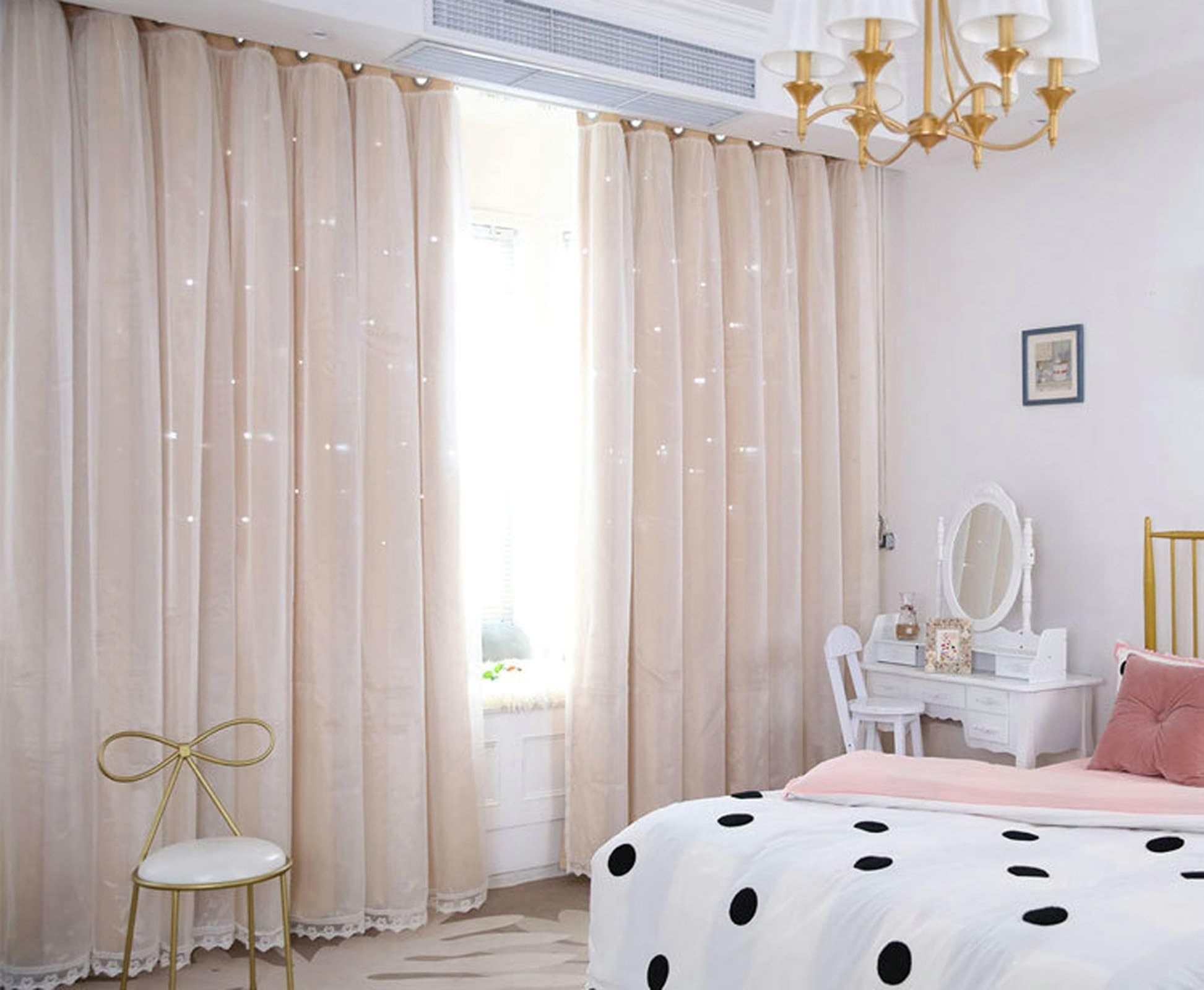 Vorhang Schlafzimmer Modern 2 Stück, Ösen Gardinen Vorhänge Verdunkelung Stern, Polyester Beige Verdunkelungsvorhang Ösen Gardinen Schals für Wohnzimmer, B 96 x H 160cm