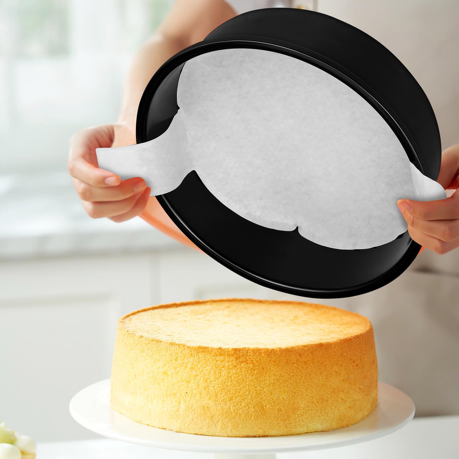 3 Piezas Molde Redondo para Pastel 8 Pulgadas Negro Antiadherente | Acero al Carbono y Papel, Incluye 100 Hojas de Pergamino Blanco, para Cumpleaños y Aniversarios