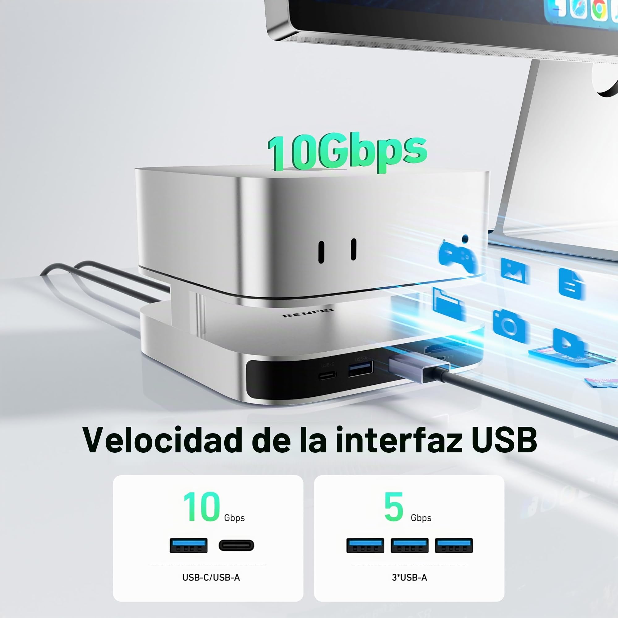 BENFEI Dock para Mac Mini M4, Soporte para Mac Mini M4 con Caja para SSD NVMe, Hub DisplayPort 4K para Mac Mini M4 y M4 Pro (2024), 10 Gbps 1 x USB‑C y 1 x USB‑A 3.2, 5 Gbps 3 x USB‑A 3.0, SD/TF