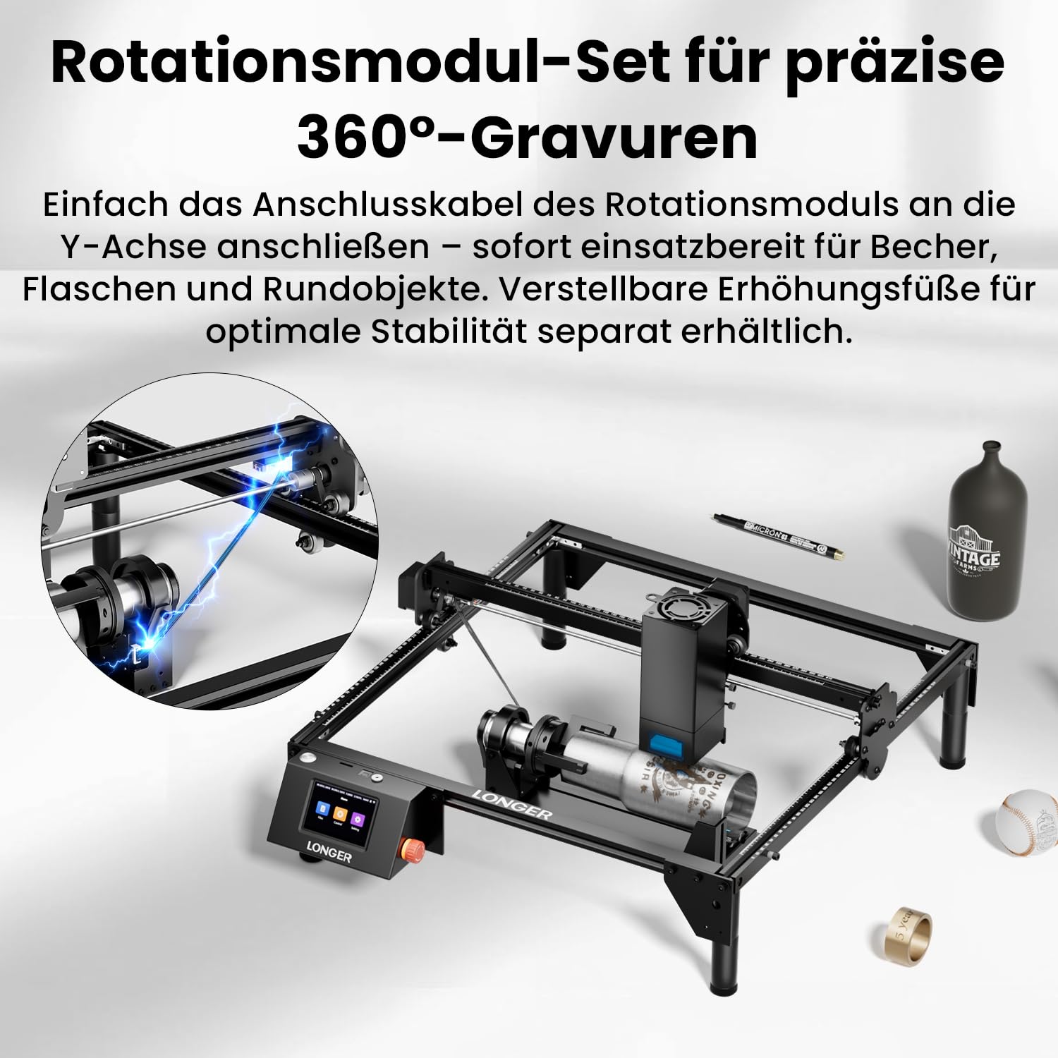 Longer Modulo Rotante (Asse Rotativo) con Mandrino, Kit Ganasce per Incisore Laser, Compatibile con Ray5 e Serie B1, per Bicchieri, Bottiglie, Anelli e Oggetti Cilindrici