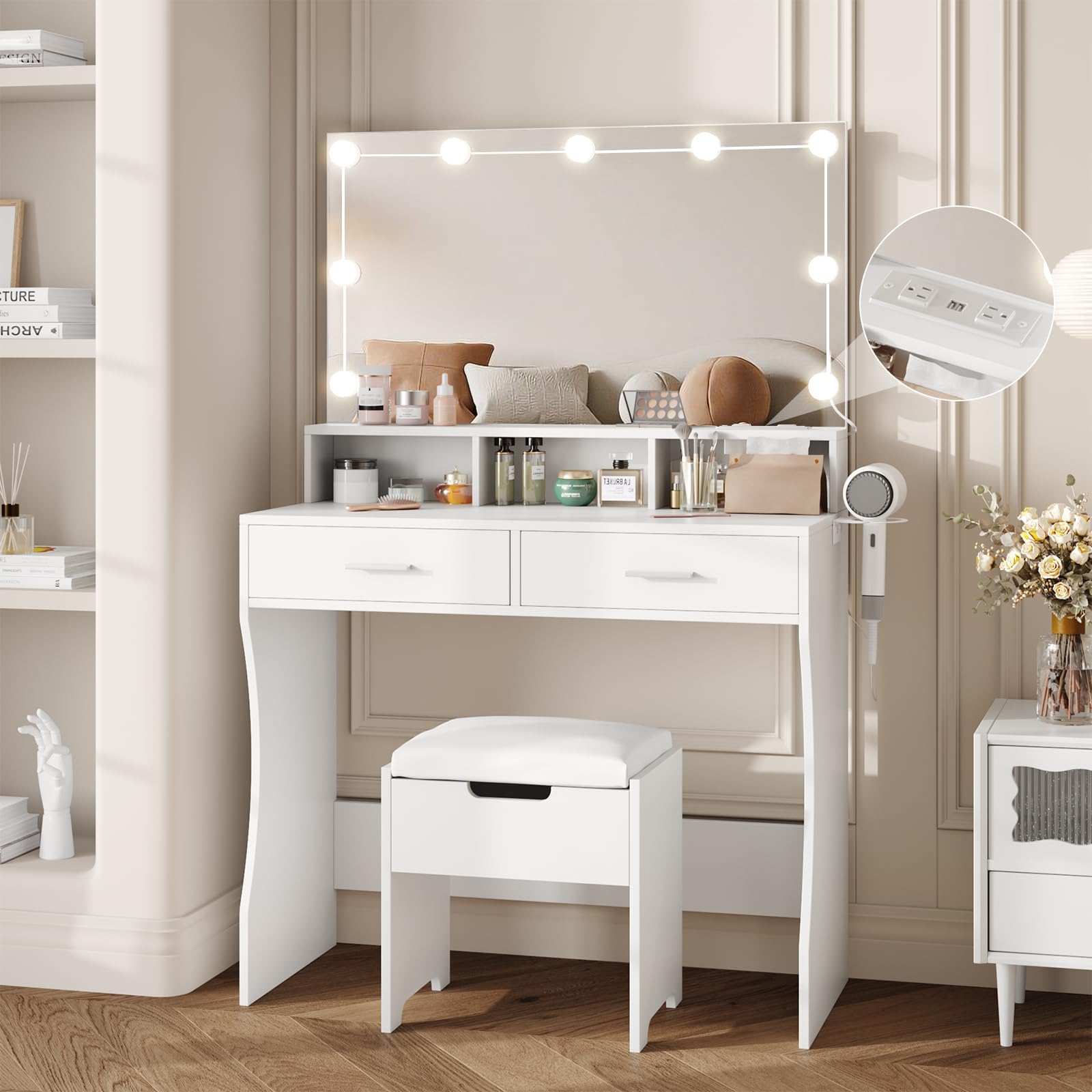 Vabches Vanity Desk with Mirror and Lights,Makeup Vanity with Storage Chair & Drawers,9 Hollywood Bulbs & 3 Lighting Modes,Dressing Table Set with