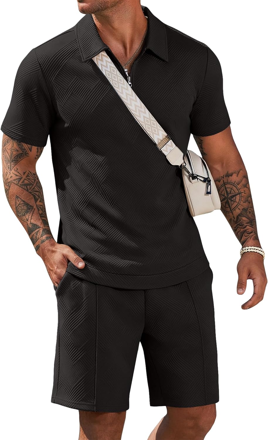 COOFANDY Men Short Sets 2 Piece Outfits Casual Quarter Zip Polo Shorts Sets Textured Summer Outfits Fashion Tracksuit Golf