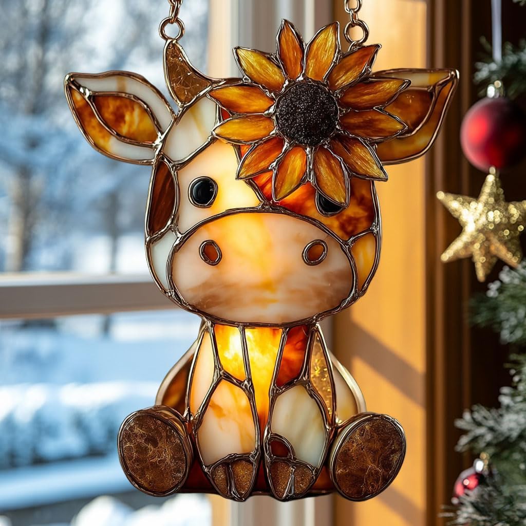 Cow and Sunflower Lover Mosaic Acrylic Suncatcher Stained Glass Effect Window Car Hanging Christmas Ornament Indoor Outdoor Decor Garden Sun Catcher Panel for Cow Lover for Women Mom Grandma