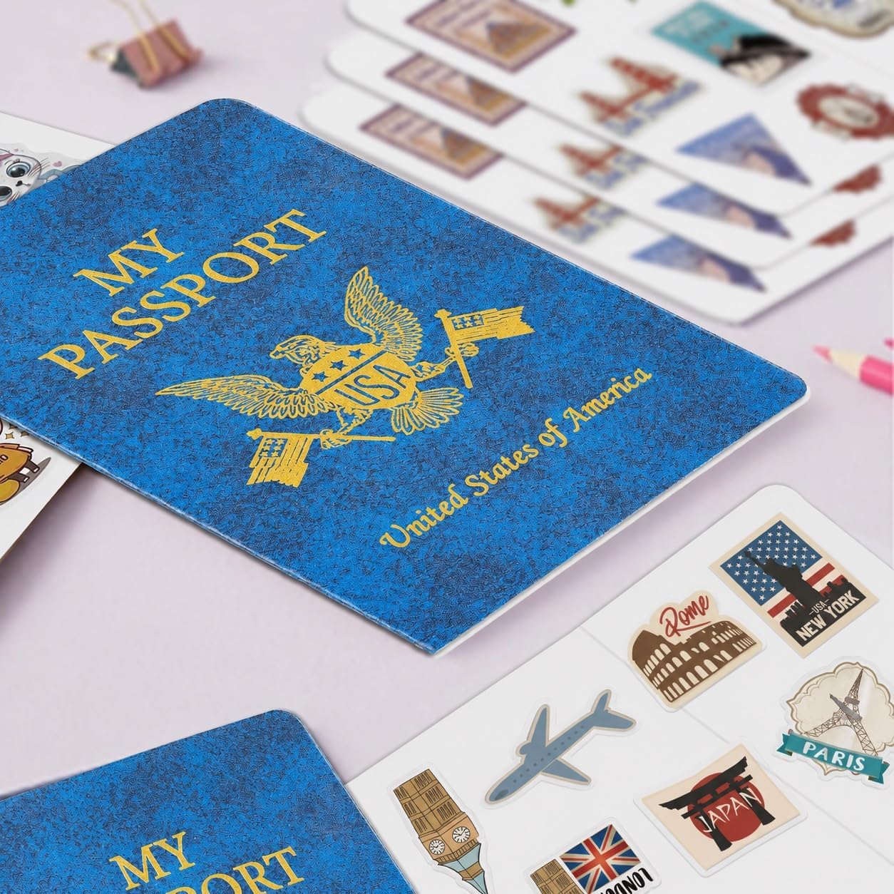 300 Pcs Passport Notebook Travel Journal Sticker Passport Stamps for Kids Fake Passports for School Theme Party World Travel Pretend Activity Party Favors image 2