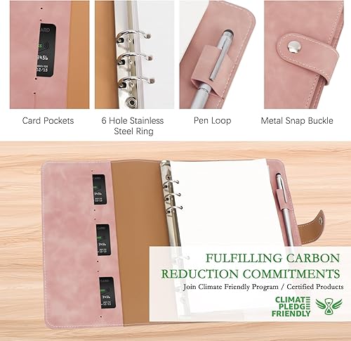 Miniatura 3 de FYY - Cuaderno de 6 anillos de piel sintética con bolsillos, divisores y papel de recarga, agenda de tamaño A5, color rosa