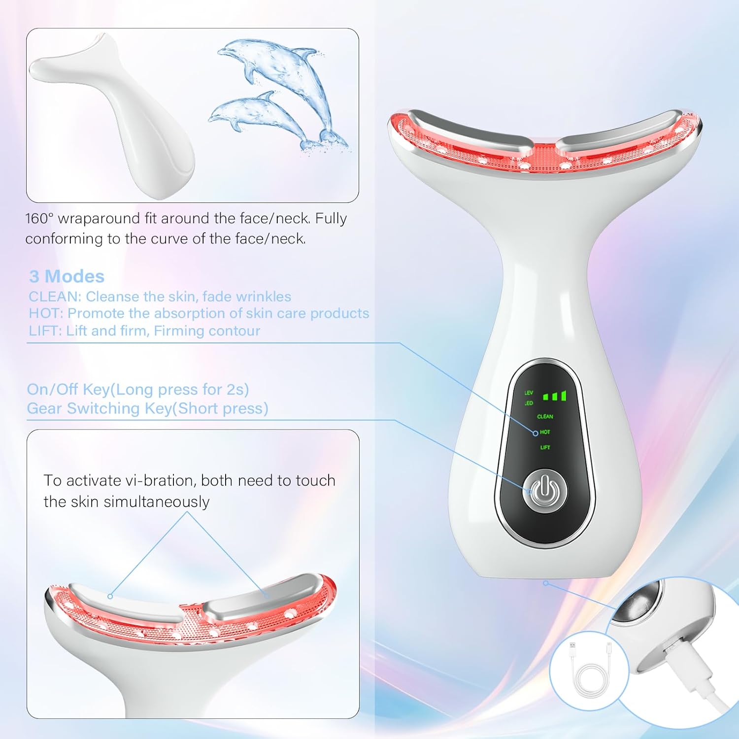 Facial Massager 7 Color Face Lift Device for Face and Neck Massage with 113F & Vibration & Clean 3-in-1 Multifunctional Wand for Skin Care (White)