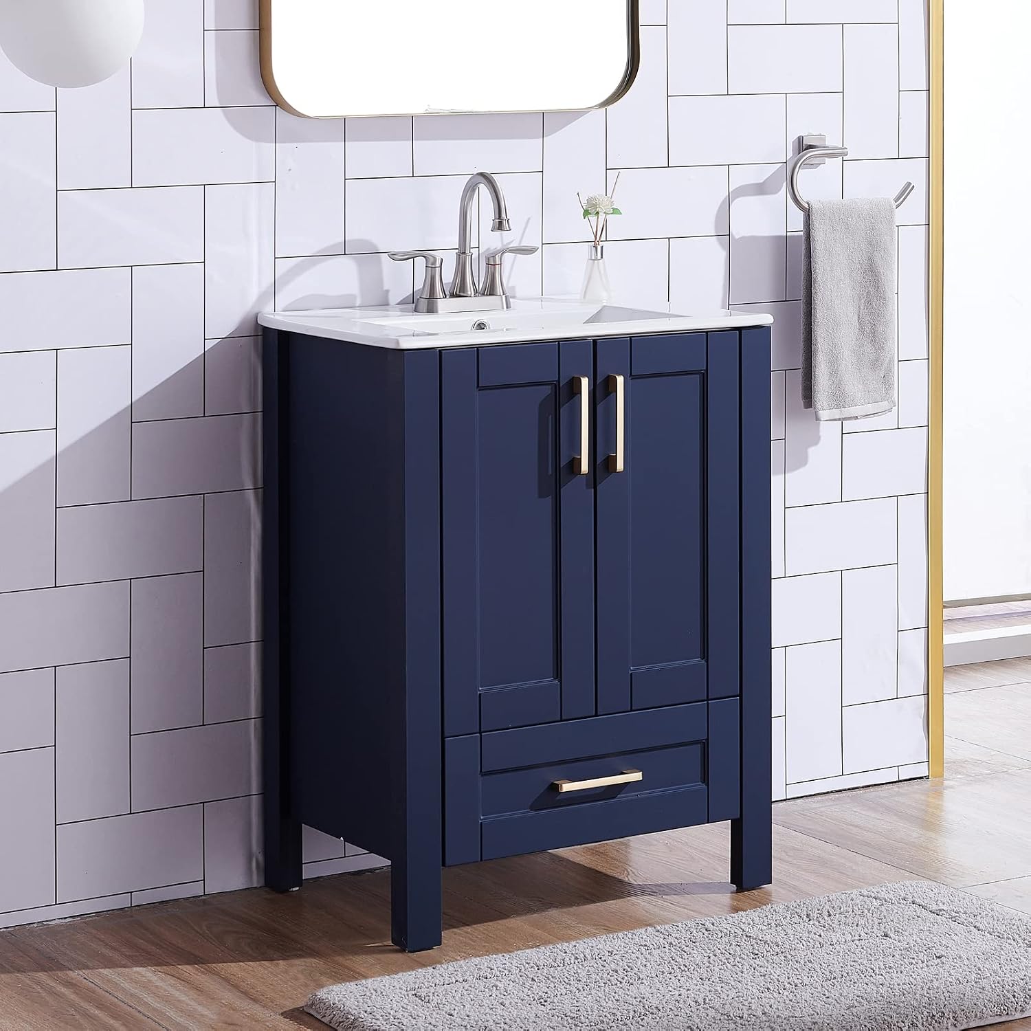 24 Inch Bathroom Vanity with Sink, Blue Bathroom Sink Cabinet, Small Bath Vanity with White Three Hole Ceramic Sink, Gold Handle Bathroom Vanity