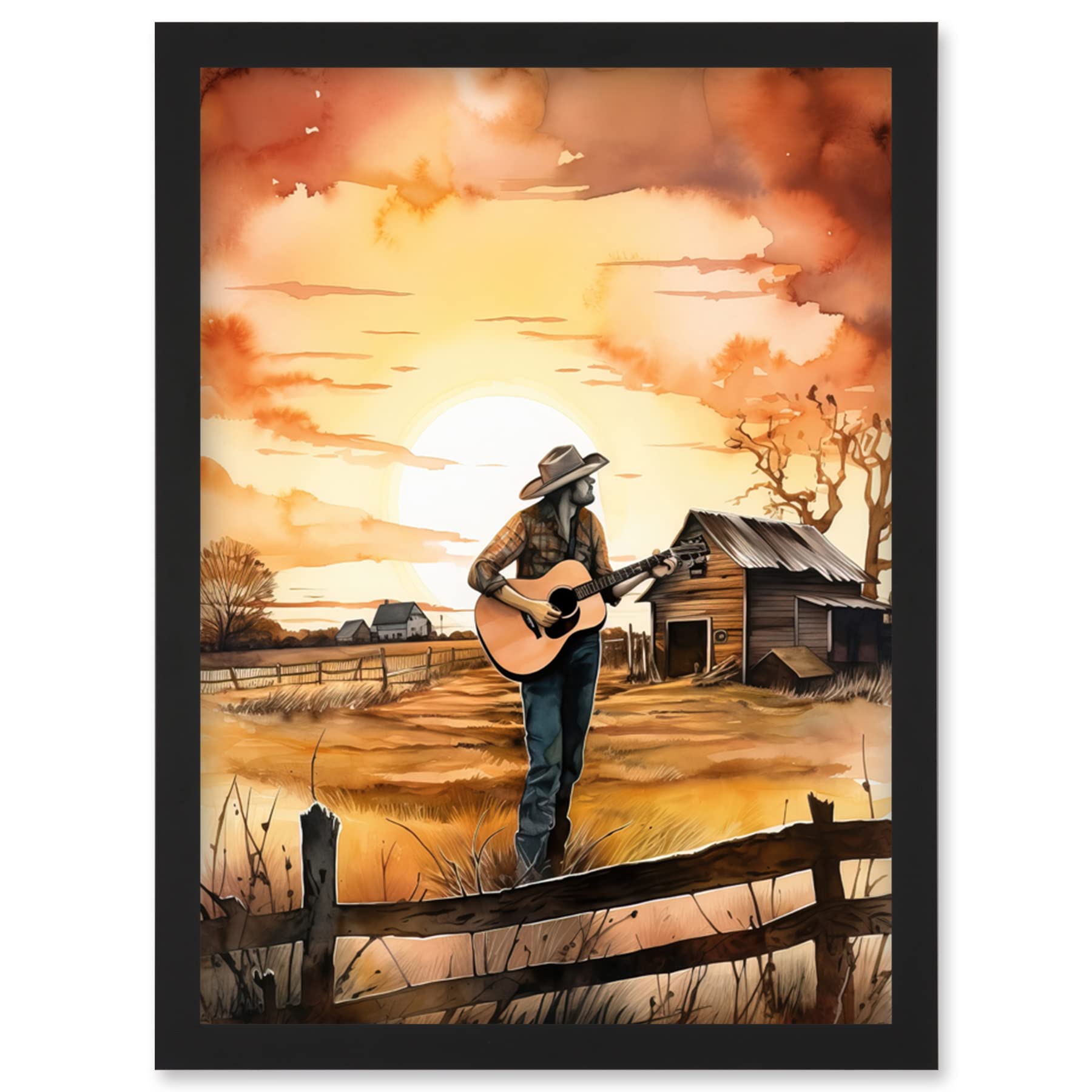 Artery8 Man Playing Country Music Guitar in Countryside Farm on Sunset Modern Watercolour Painting Artwork Framed Wall Art Print A4