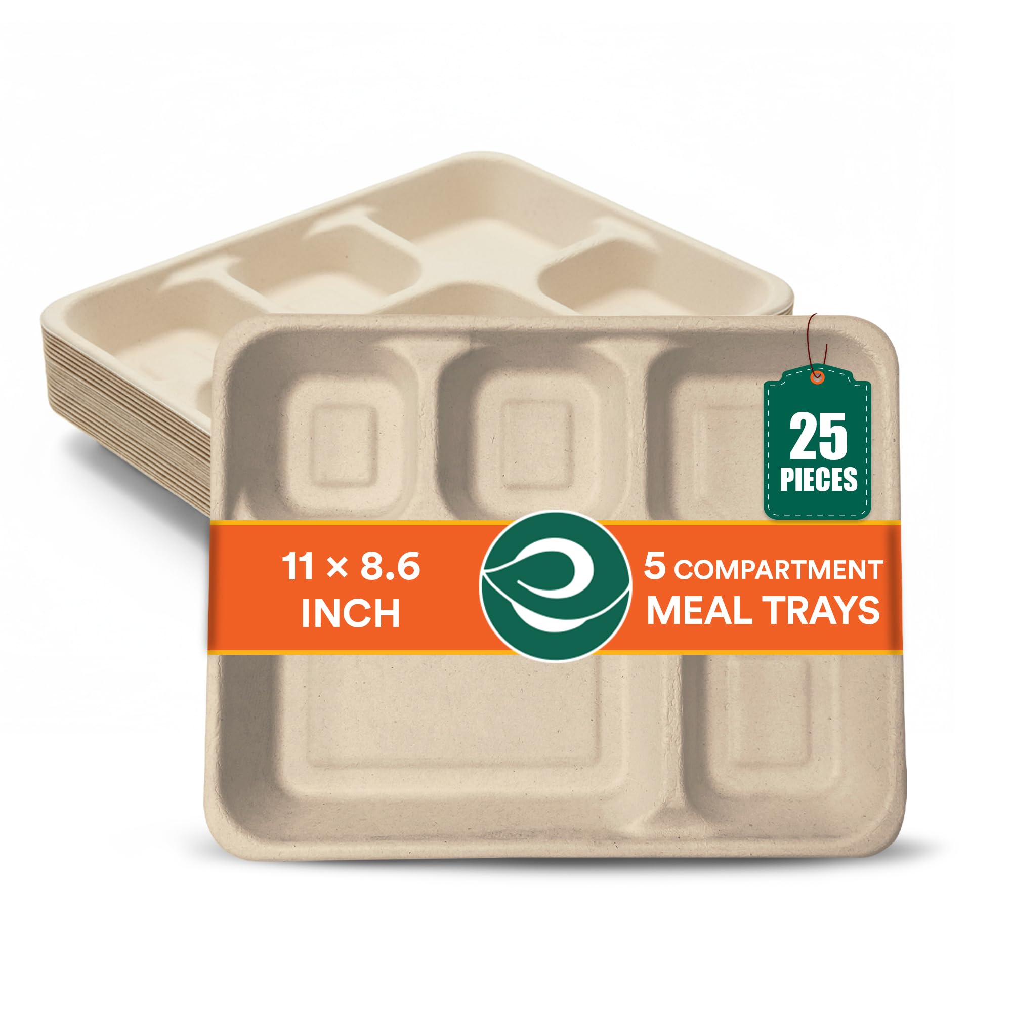 ECO SOUL [5-Compartment, 25 Count ] Disposable Meal Tray | Compostable Bagasse Plates | Eco-Friendly Biodegradable Dinner Plates | Party, Wedding, Event Plates, Beige